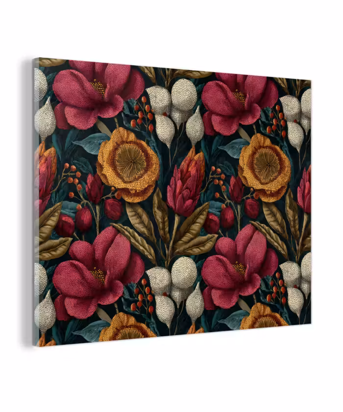Glas schilderij - Bloemen - Patroon - Rood - Goud