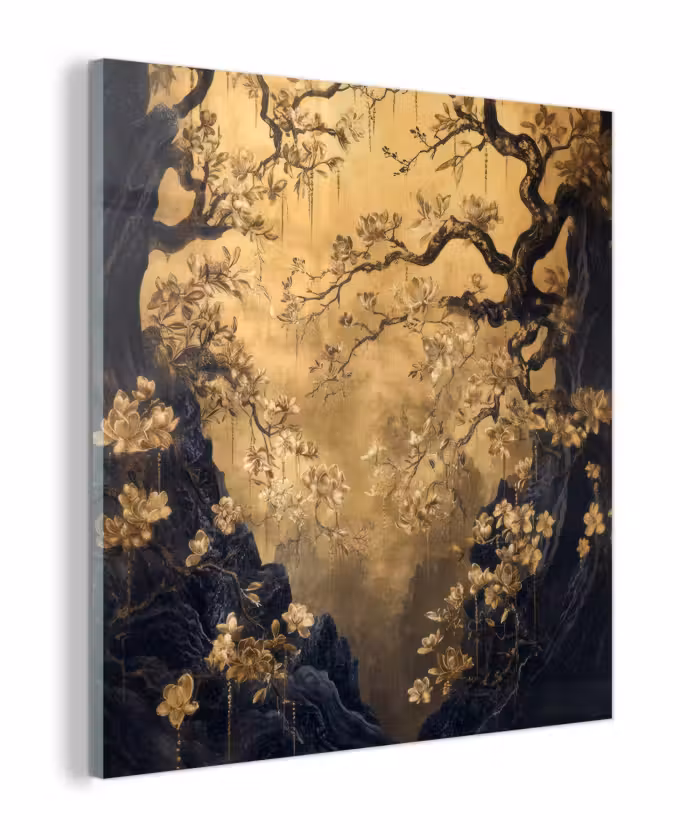Glas schilderij - Bloemen - Takken - Goud - Sierlijk