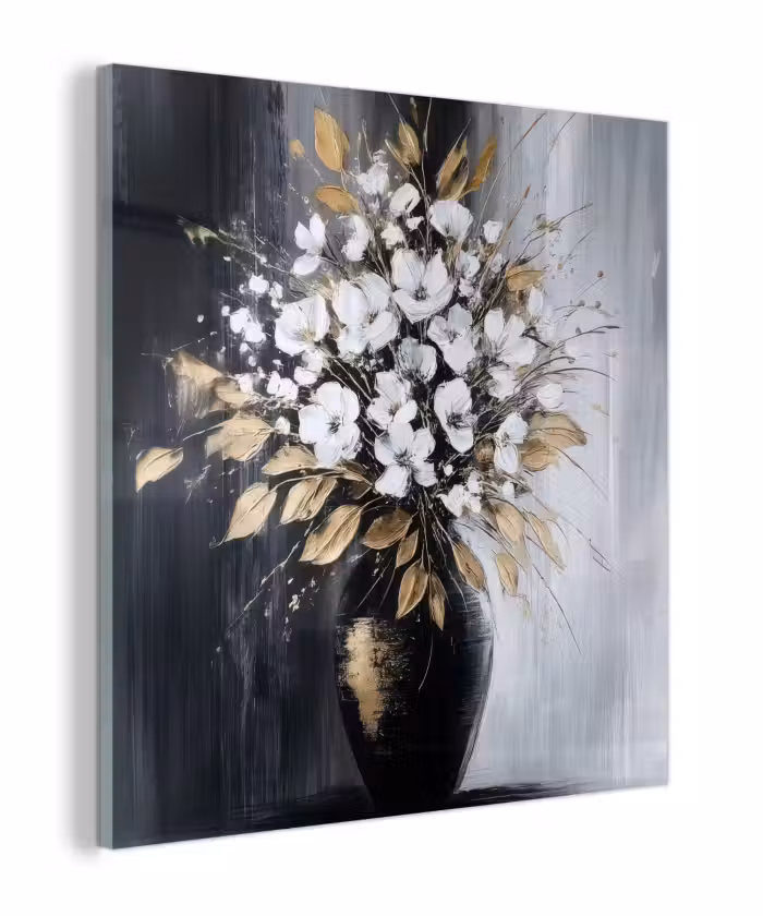 Glas schilderij - Bloemen - Wit - Vaas - Abstract