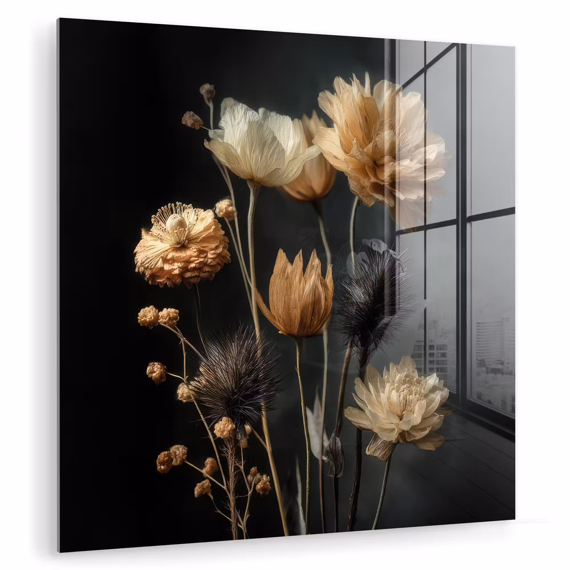 Glas schilderij - Boeket - Bloemen - Licht - Zwart
