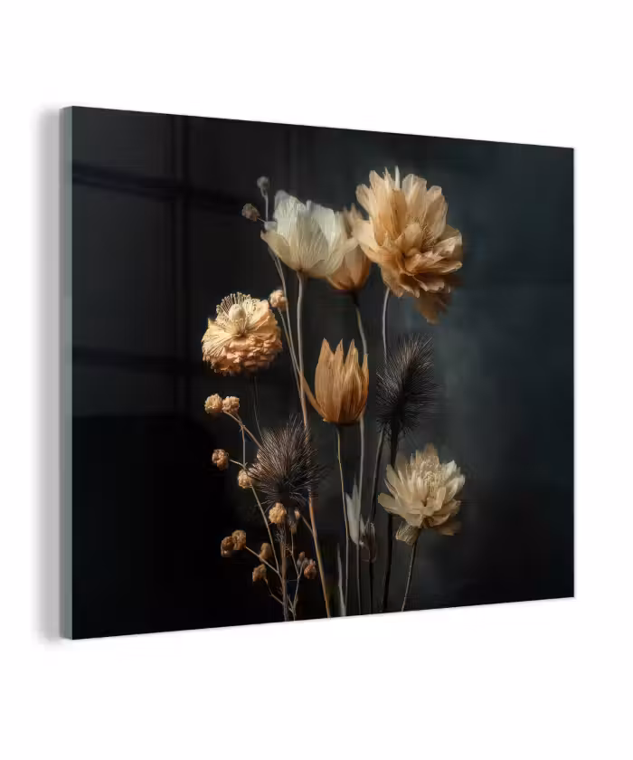 Glas schilderij - Boeket - Bloemen - Licht - Zwart