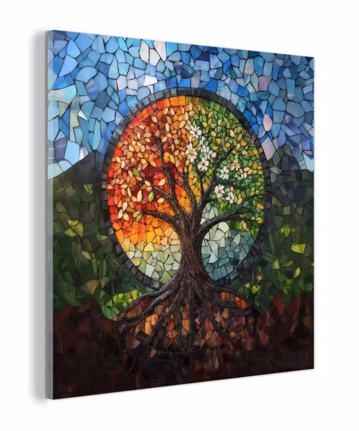 Glas schilderij - Boom - Seizoenen - Mozaïek - Bergen