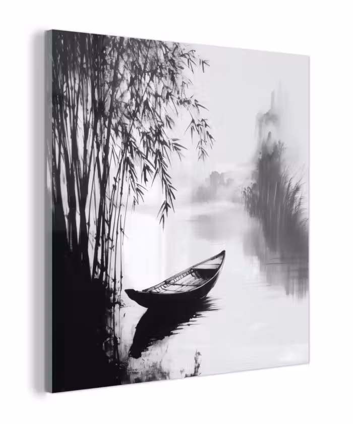 Glas schilderij - Boot - Rivier - Bamboe - Wit