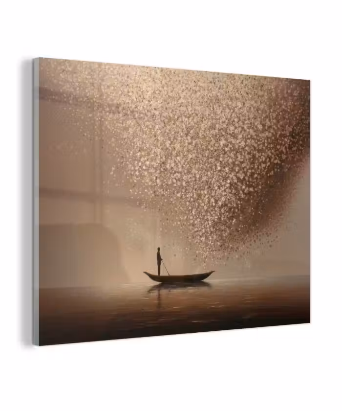 Glas schilderij - Bootje - Blaadjes - Goud - Water