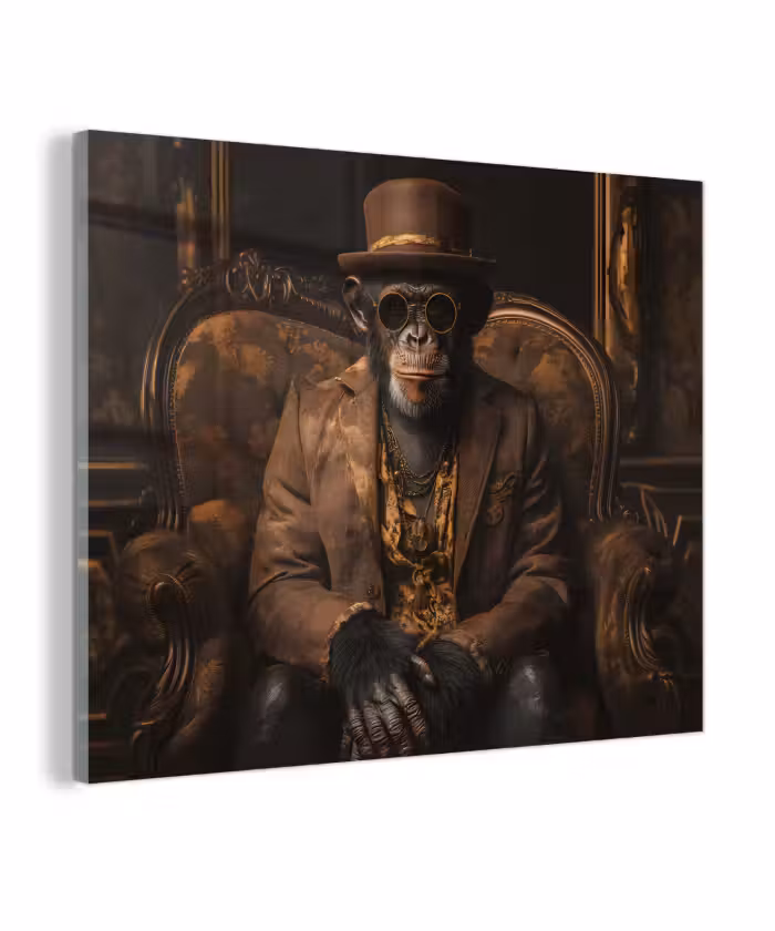 Glas schilderij - Chimpansee - Stoel - Pak - Bruin
