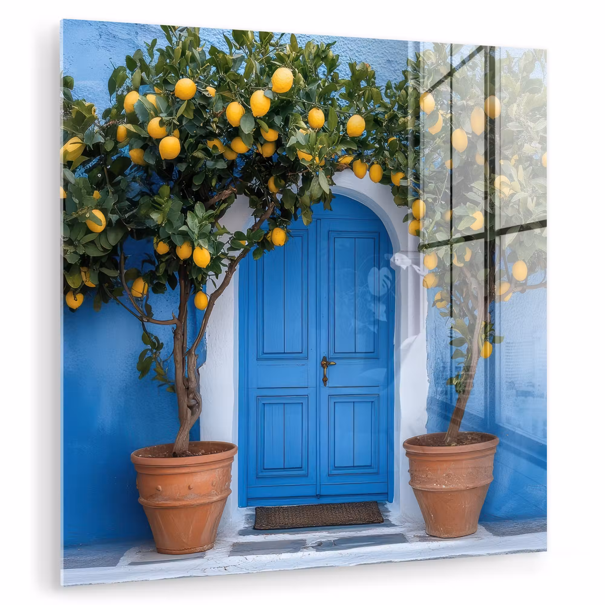 Glas schilderij - Citroenbomen - Geel - Deur - Potten