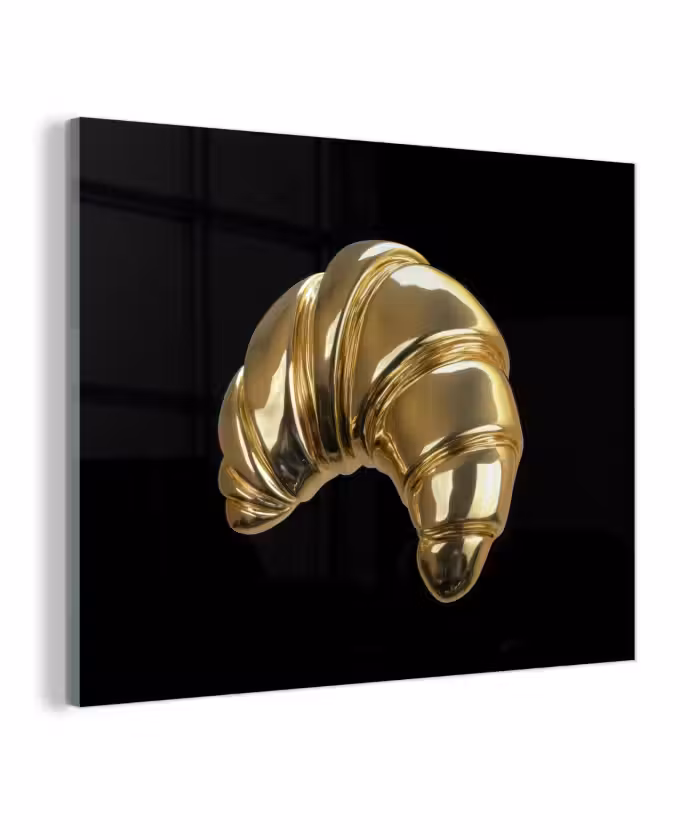 Glas schilderij - Croissant - Brood - Goud - Zwart