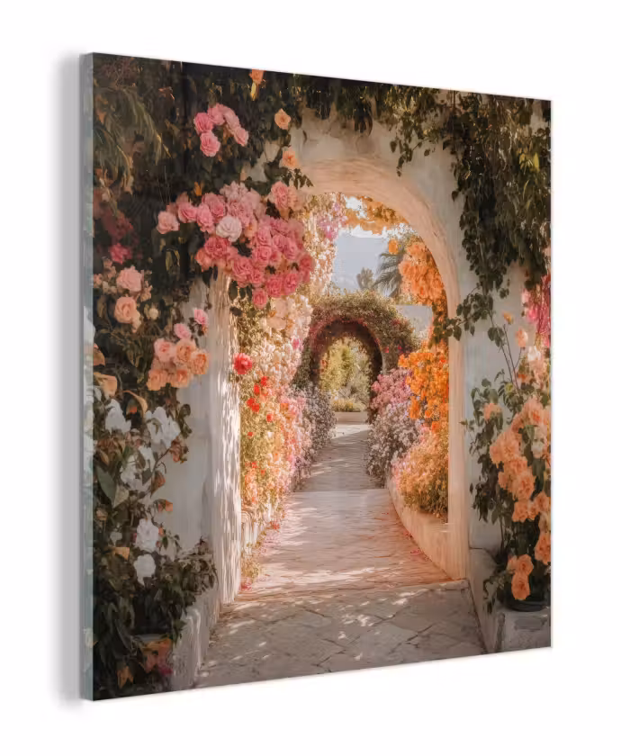 Glas schilderij - Doorkijk - Boog - Bloemen - Pastel