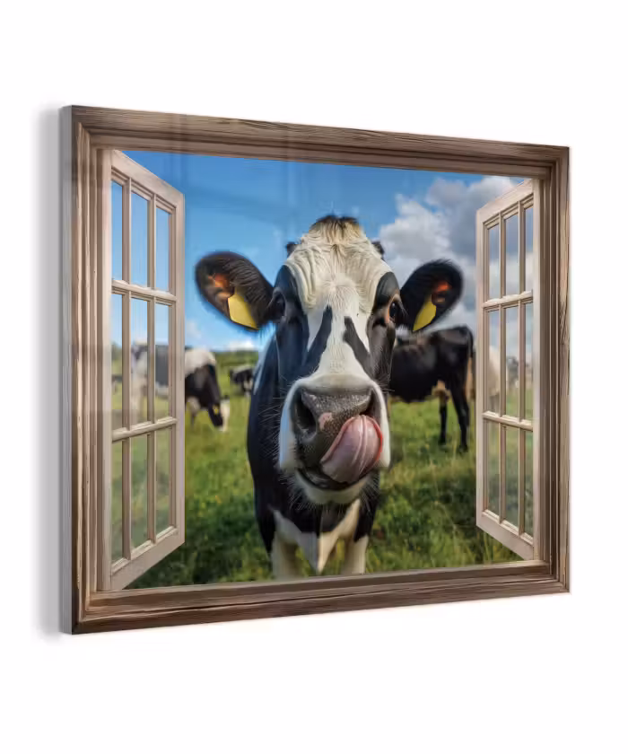 Glas schilderij - Doorkijk - Koe - Weiland - Dieren - Natuur