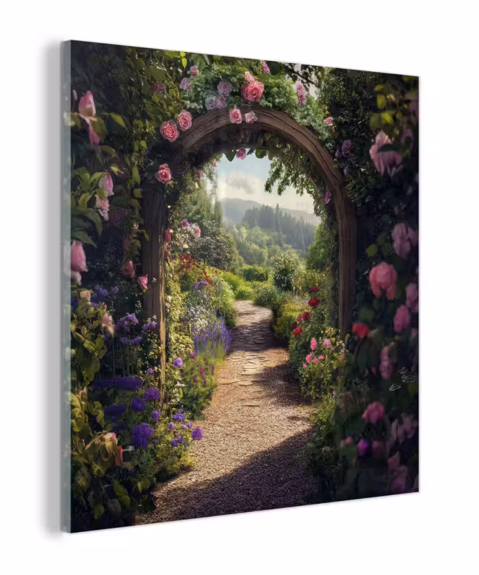 Glas schilderij - Doorkijk - Landschap - Bloemen - Rozenboog - Natuur