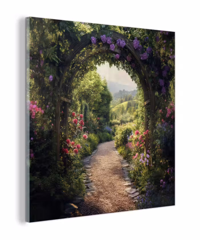 Glas schilderij - Doorkijk - Landschap - Bloemen - Tuinboog - Natuur