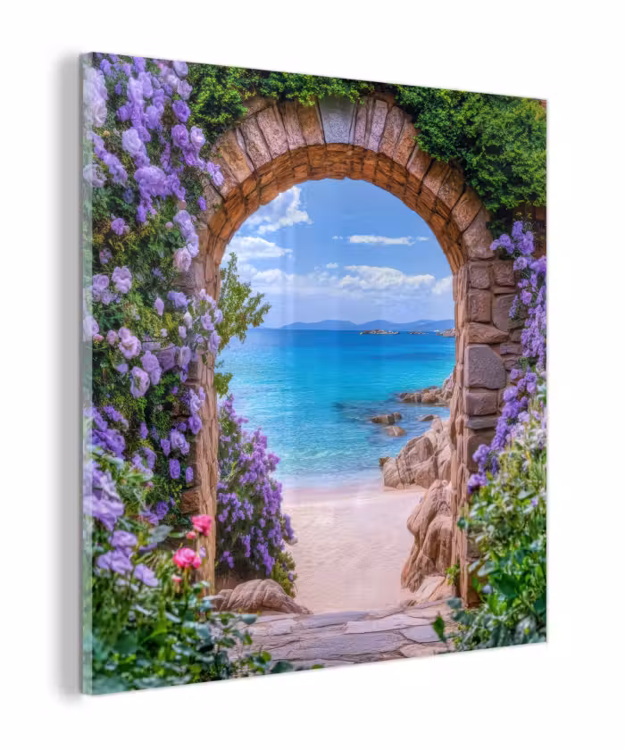 Glas schilderij - Doorkijk - Poort - Zee - Strand - Rotsen