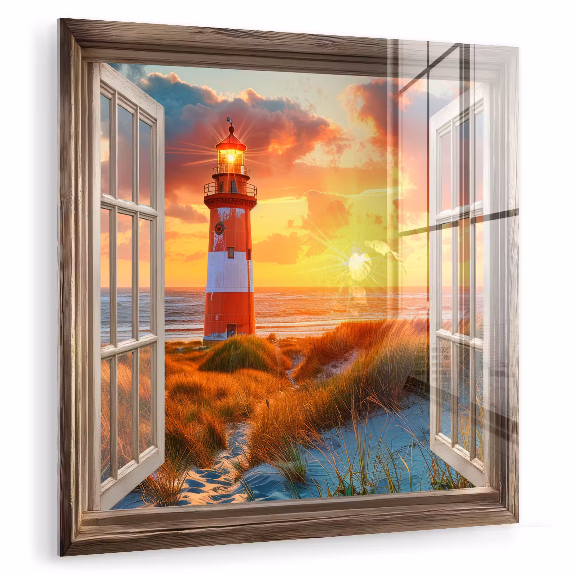 Glas schilderij - Doorkijk - Raam - Vuurtoren - Zonsondergang - Strand