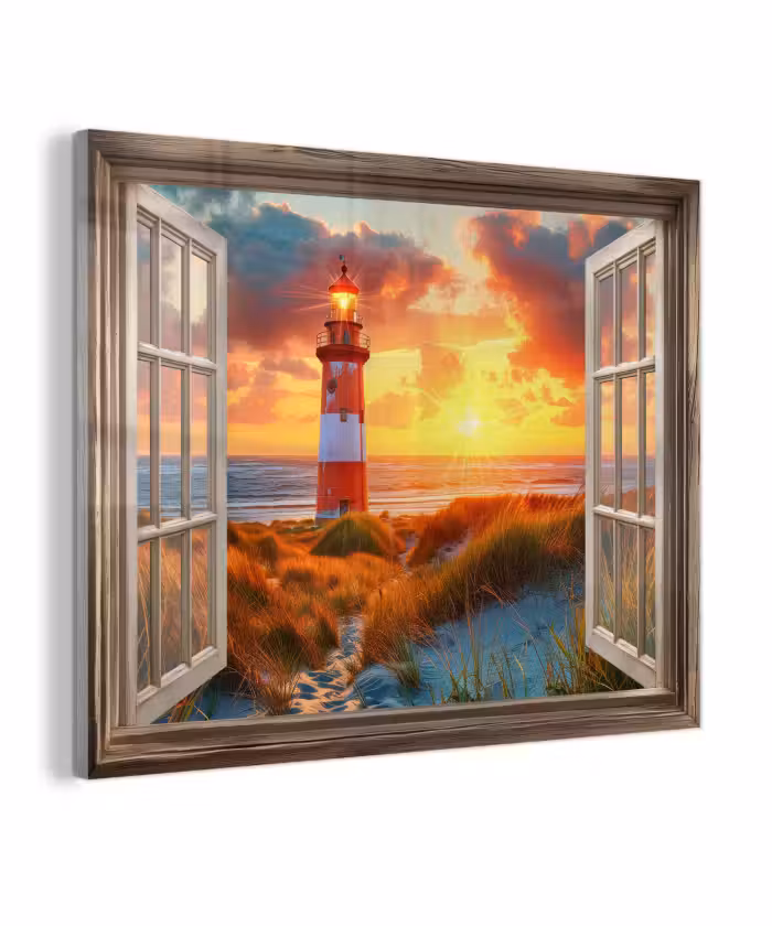 Glas schilderij - Doorkijk - Raam - Vuurtoren - Zonsondergang - Strand