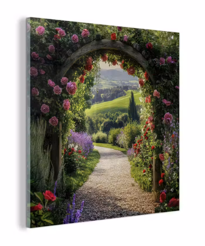 Glas schilderij - Doorkijk - Tuinboog - Bloemen - Natuur - Pad