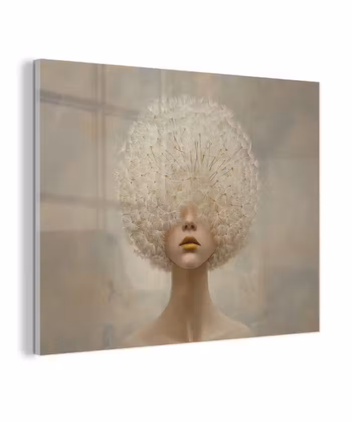 Glas schilderij - Dromerig - Beige - Paardenbloemzaadjes