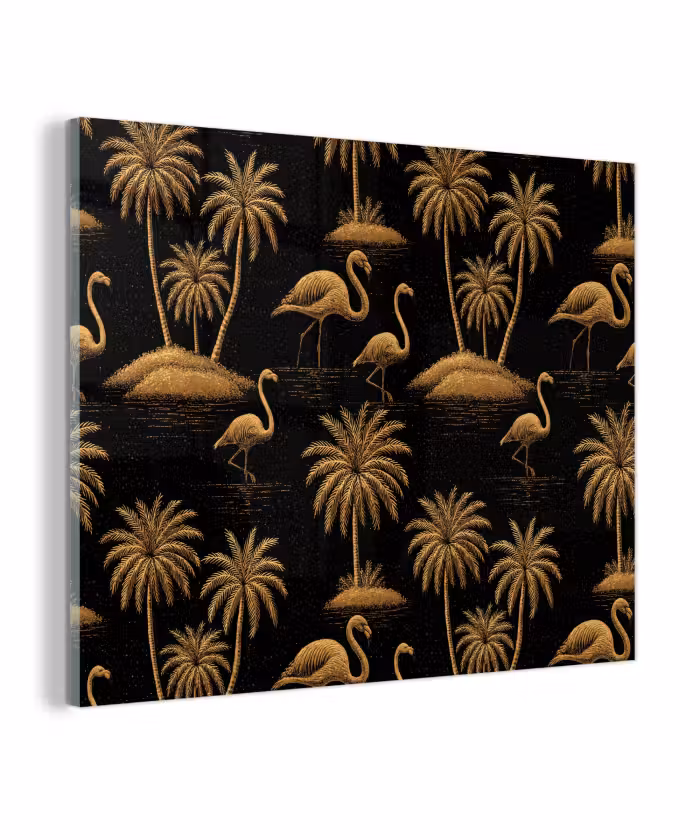 Glas schilderij - Flamingo - Palmbomen - Tropisch - Goud - Zwart