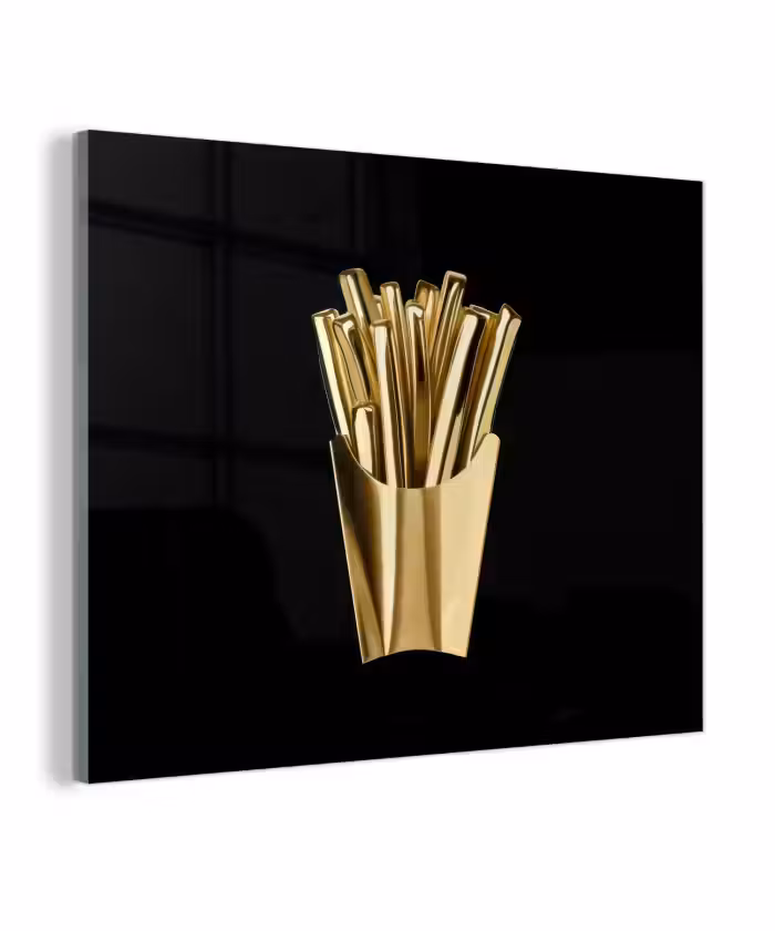 Glas schilderij - Friet - Goud - Chrome - Eten