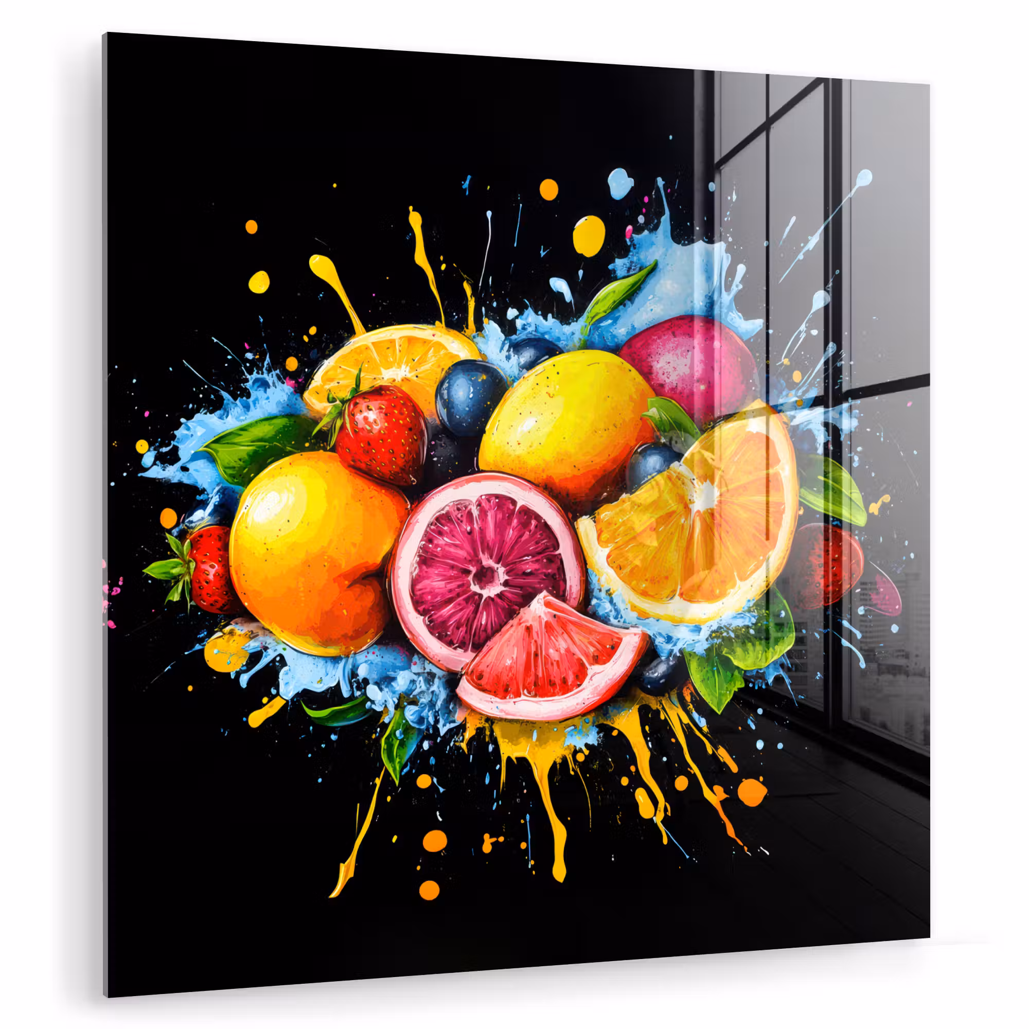 Glas schilderij - Fruit - Graffiti - Kleurrijk - Sinaasappel - Aardbei - Abstract