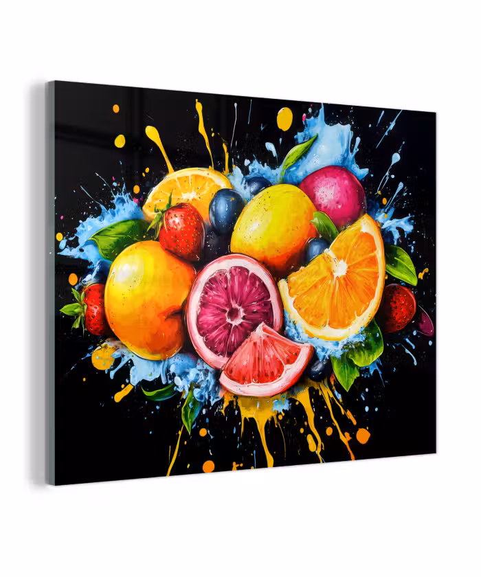 Glas schilderij - Fruit - Graffiti - Kleurrijk - Sinaasappel - Aardbei - Abstract