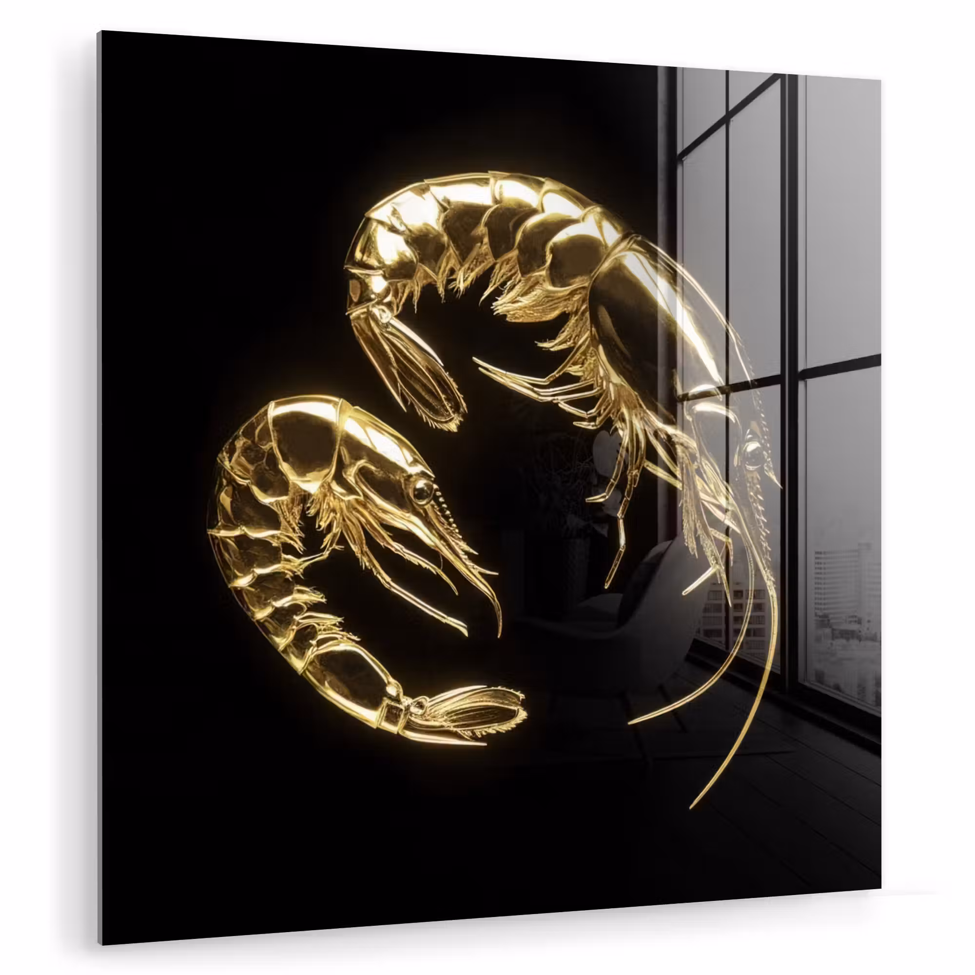 Glas schilderij - Garnalen - Zwart - Goud - Dieren