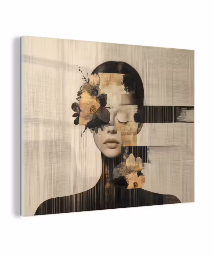 Glas schilderij - Gezicht - Bloemen - Zwart - Vrouw