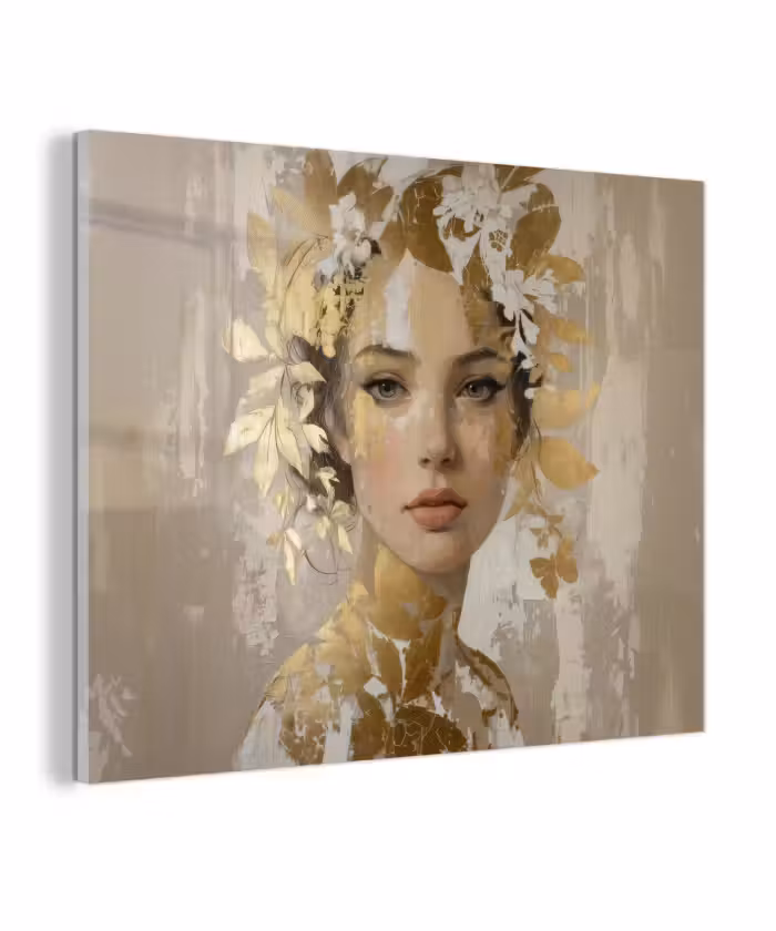 Glas schilderij - Gezicht - Vrouw - Bladeren - Goud
