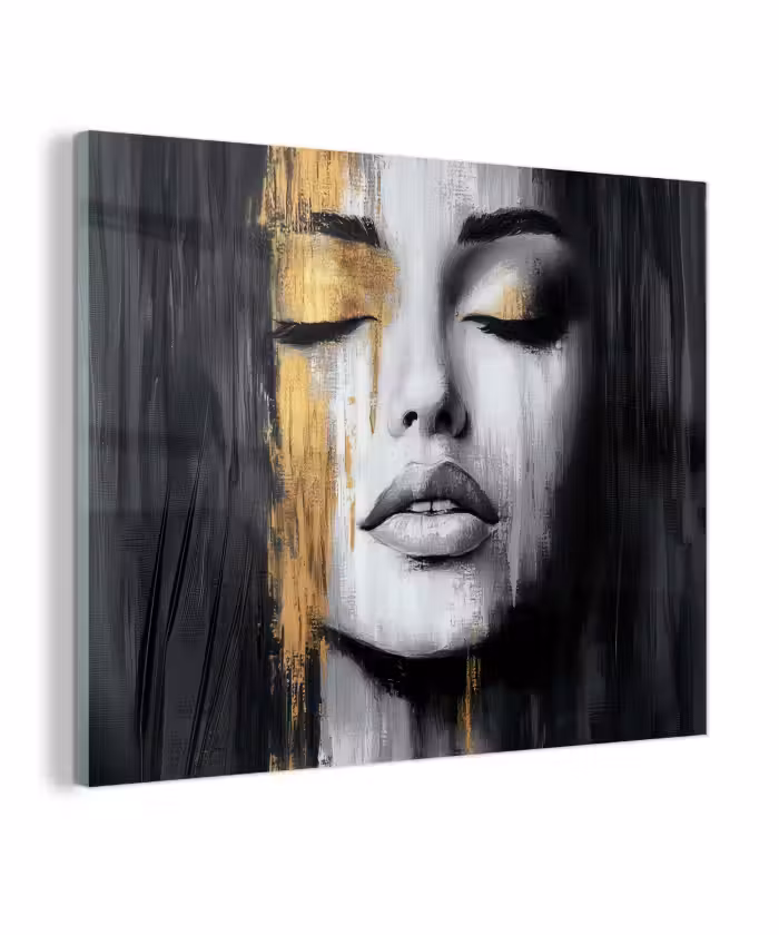 Glas schilderij - Gezicht - Vrouw - Penseelstreken - Abstract