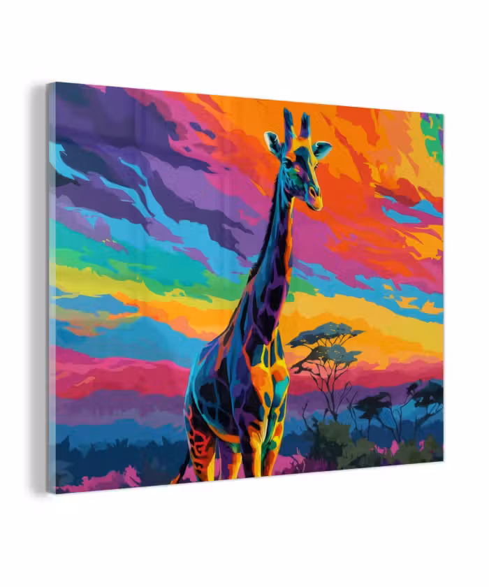 Glas schilderij - Giraffe - Savanna - Lucht - Gekleurd