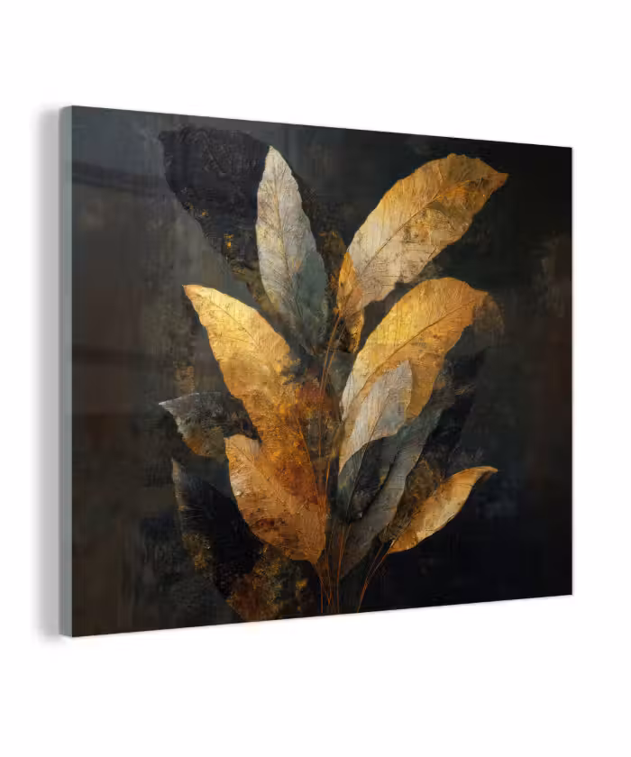 Glas schilderij - Gouden Bladcompositie – Botanische Luxe