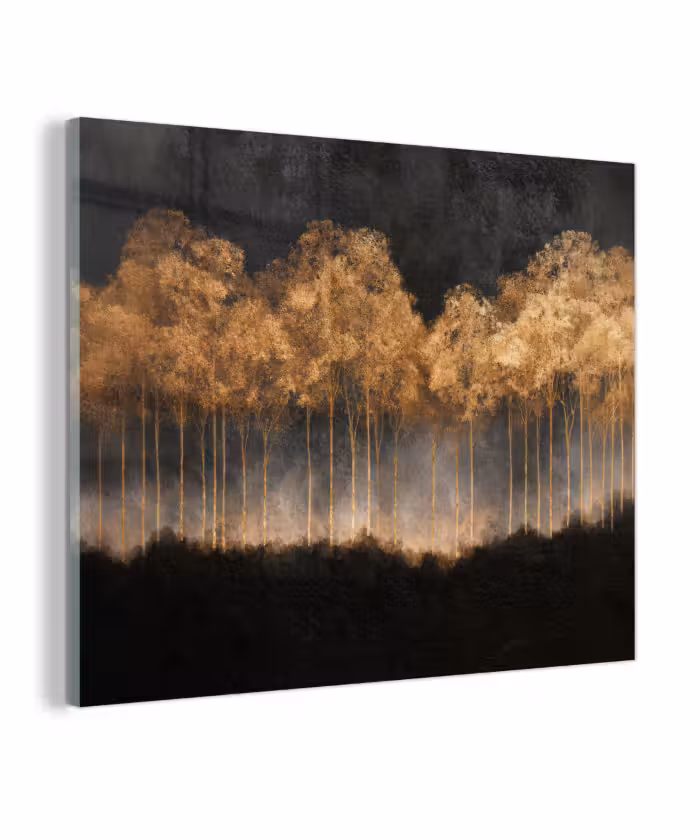 Glas schilderij - Gouden Bomen in Mistig Landschap