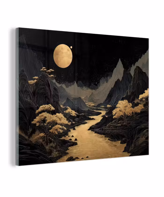 Glas schilderij - Gouden rivier - Bergen - Maan - Sterrenhemel
