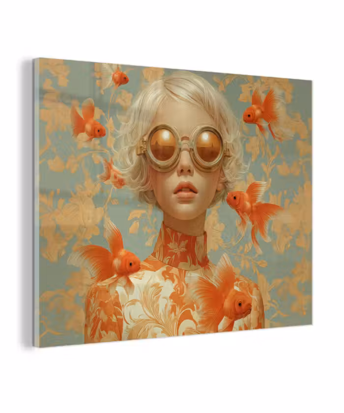 Glas schilderij - Goudvissen - Oranje - Vrouw - Blond