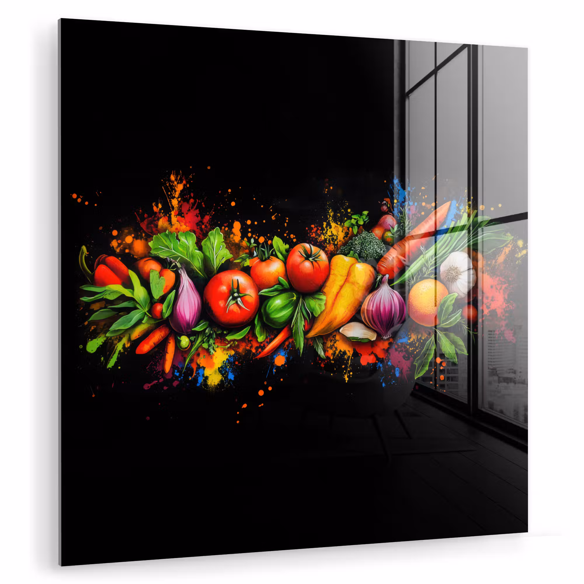 Glas schilderij - Groente - Eten - Kruiden - Graffiti - Koken