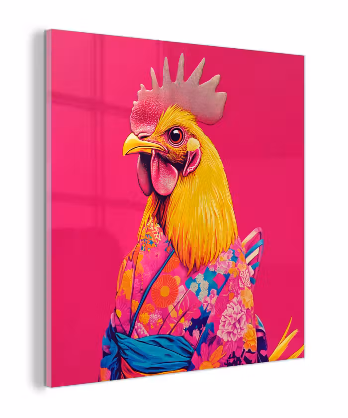 Glas schilderij - Haan - Kleurrijk - Kimono - Roze