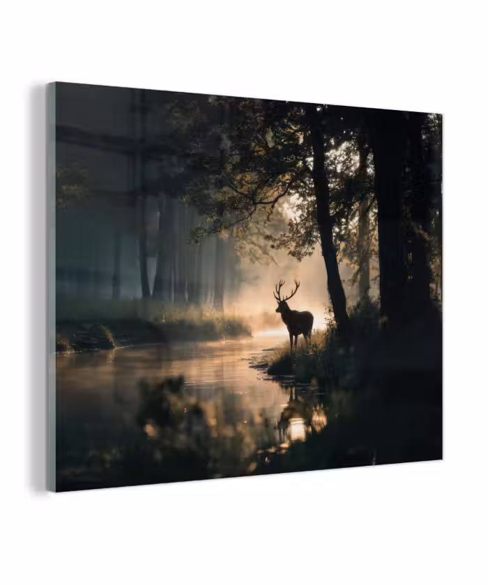 Glas schilderij - Hert - Bosbeek - Mystiek