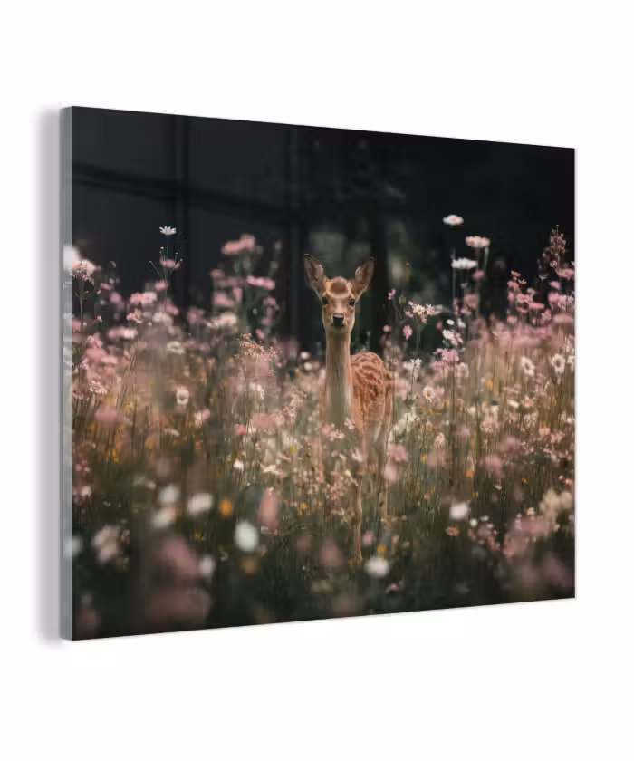 Glas schilderij - Hert - Wilde bloemen - Bos
