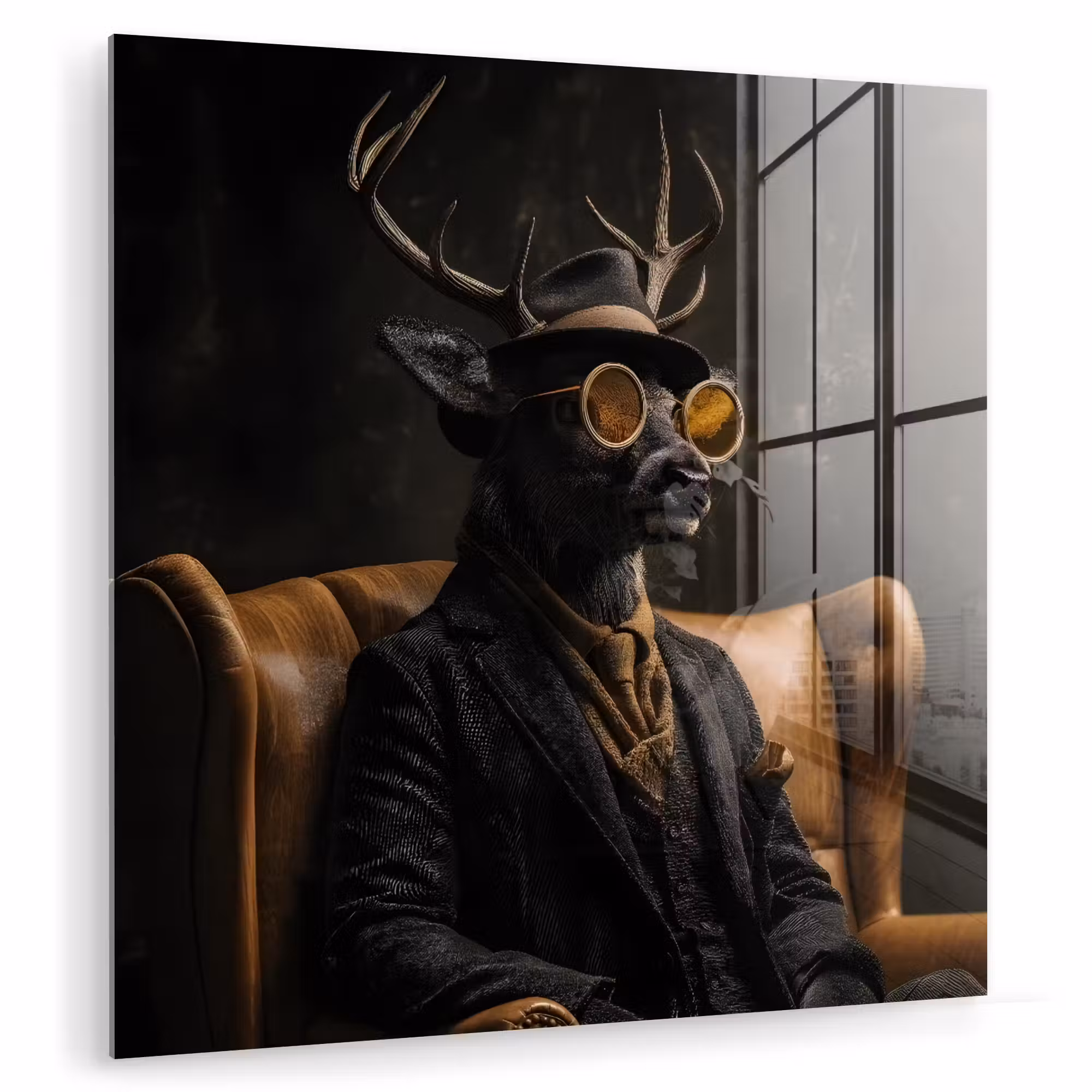 Glas schilderij - Hert - Zonnebril - Zwart - Pak