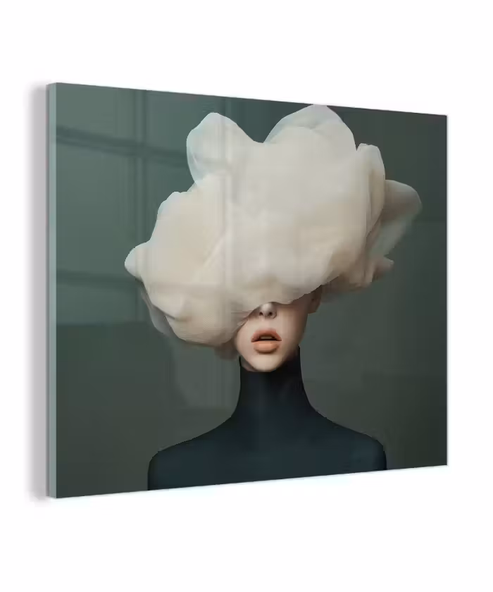 Glas schilderij - Hoed - Vrouw - Beige