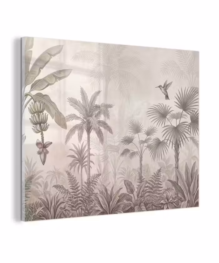 Glas schilderij - Jungle - Banenboom - Kolibrie - Beige