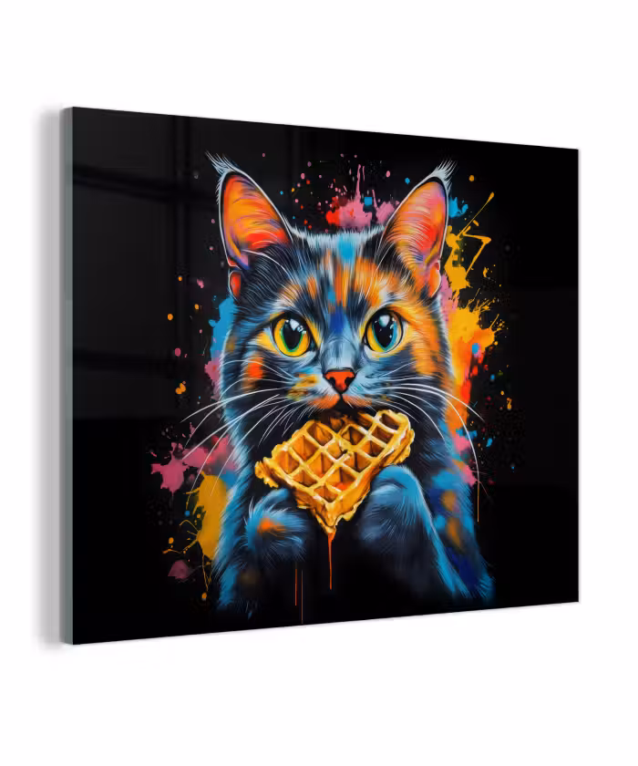 Glas schilderij - Kat - Graffiti - Kleurrijk - Wafel - Eten