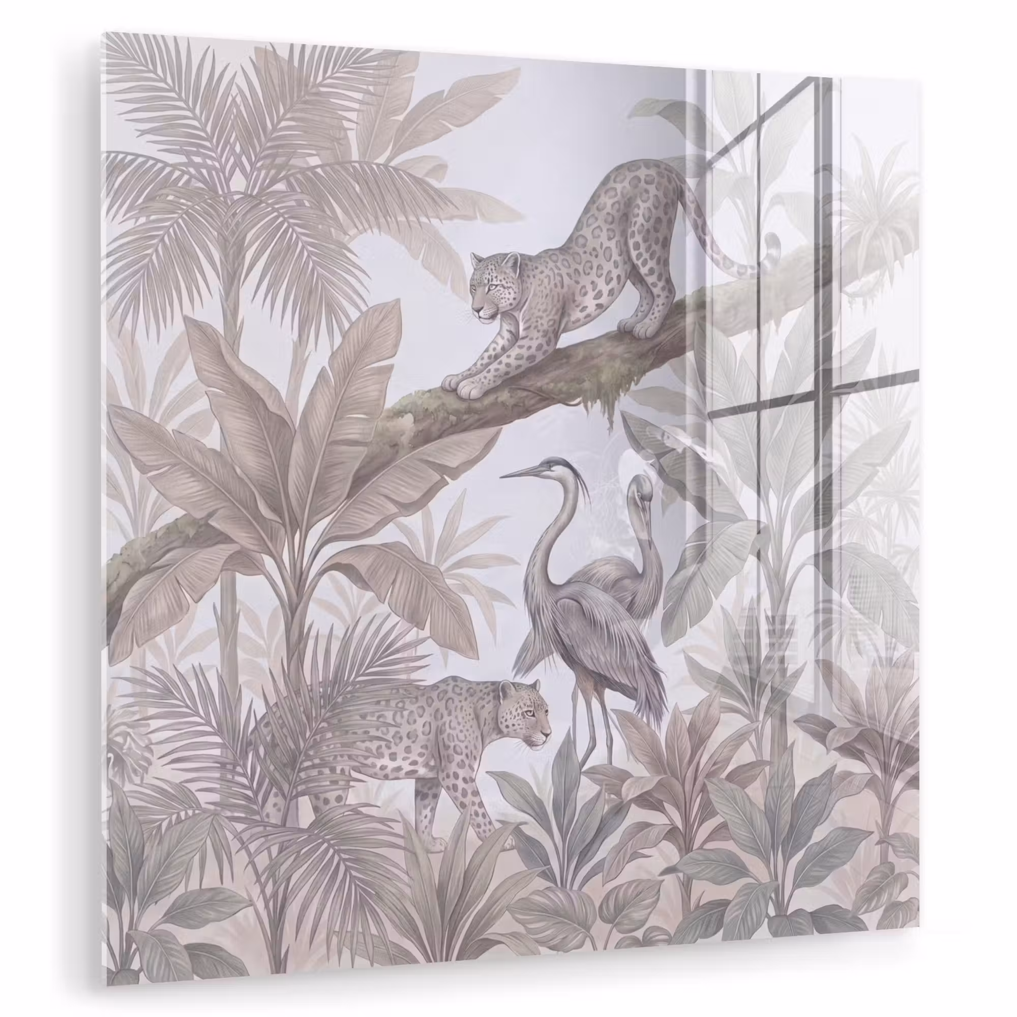 Glas schilderij - Kat - Vogel - Jungle - Illustratie - Dieren