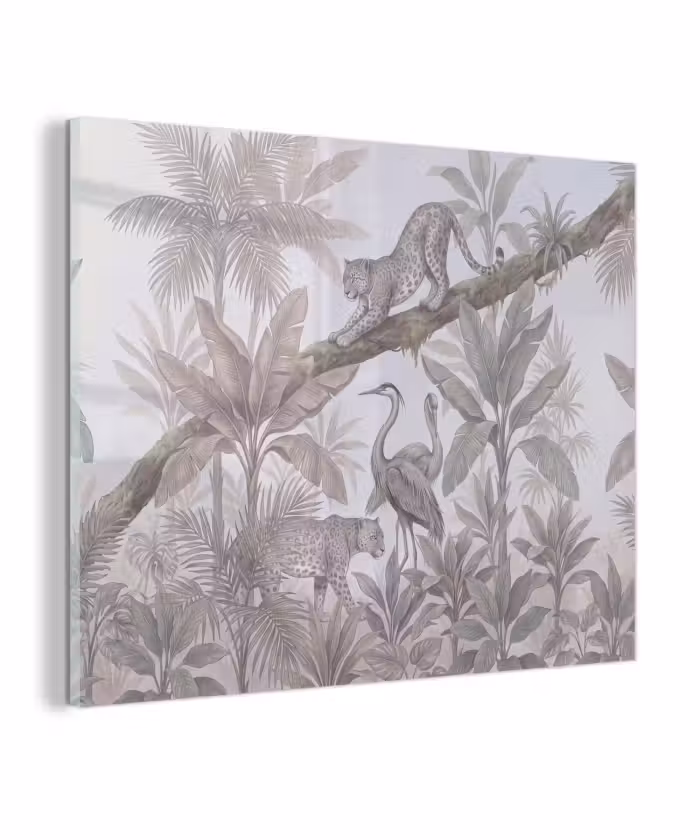 Glas schilderij - Kat - Vogel - Jungle - Illustratie - Dieren