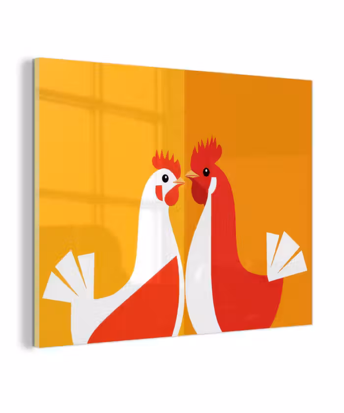 Glas schilderij - Kippen - Oranje - Vlakken