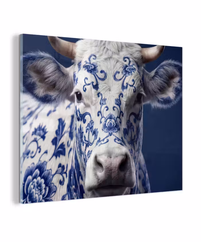 Glas schilderij - Koe - Delfts - Blauw - Artistiek