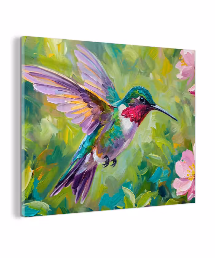 Glas schilderij - Kolibrie - Bloemen - Natuur - Kleurrijk