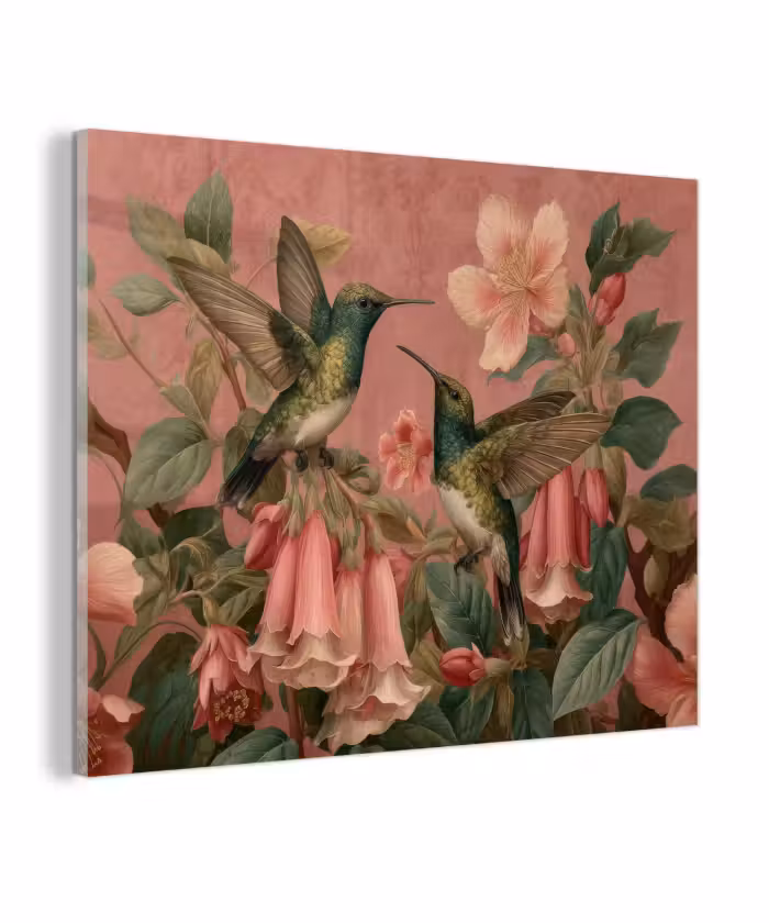 Glas schilderij - Kolibries - Bloemen - Groen - Roze