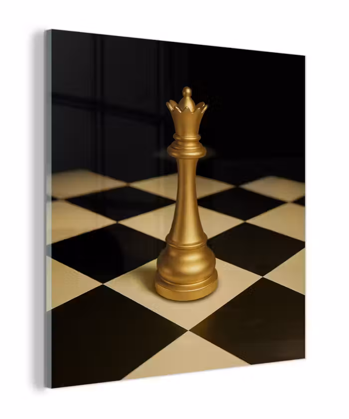 Glas schilderij - Koningin - Schaakstuk - Geblokt - Goud