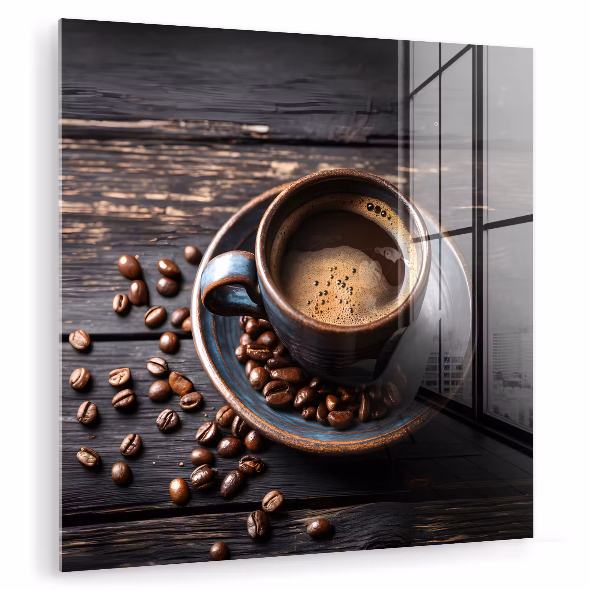 Glas schilderij - Kop - Koffie - Hout - Bonen