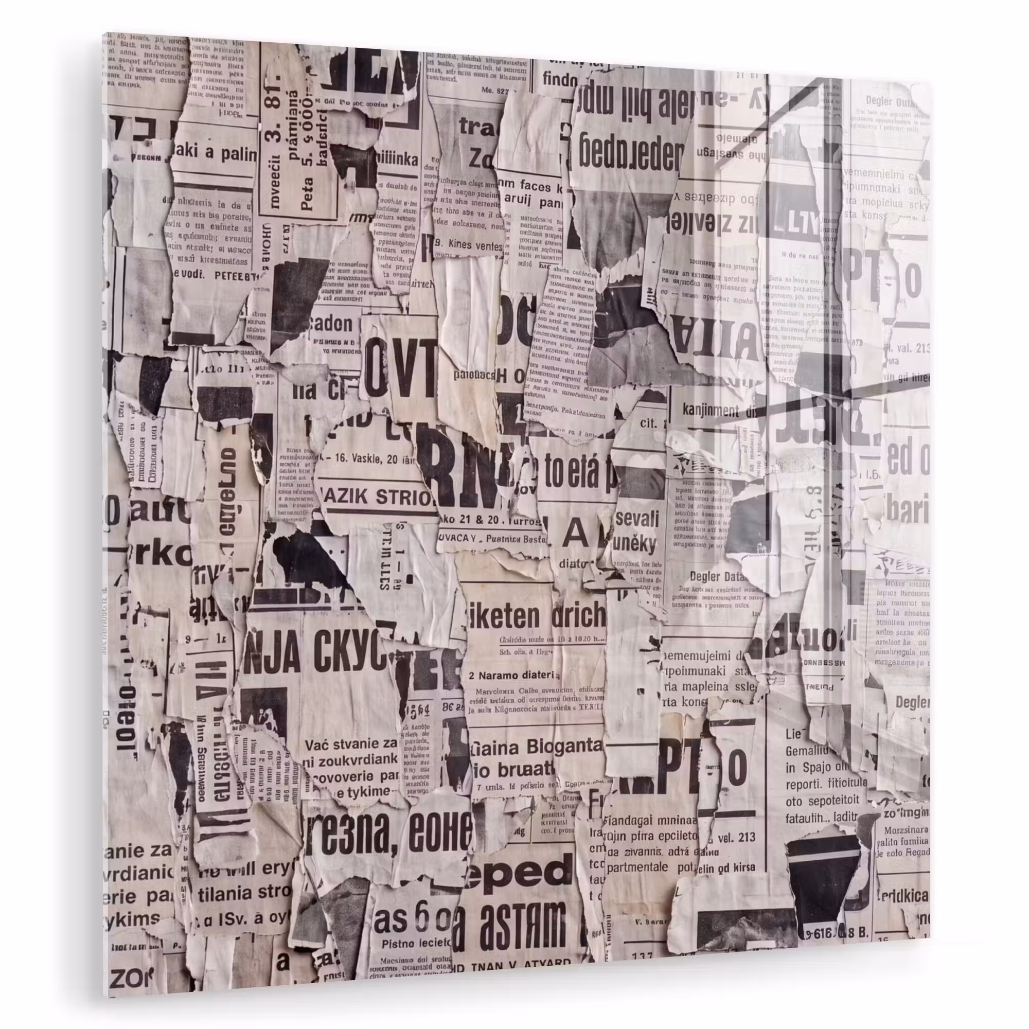 Glas schilderij - Krant - Gescheurd - Textuur - Abstract - Zwart-wit